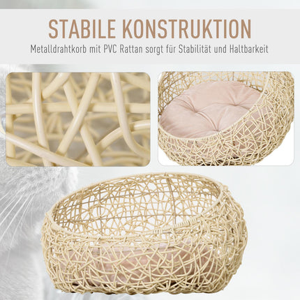 Rattan Cat Cave Bed - Cozy beige with pillow, 56x35Cm