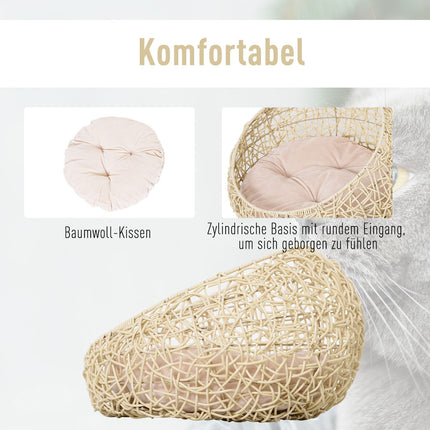 Rattan Cat Cave Bed - Cozy beige with pillow, 56x35Cm