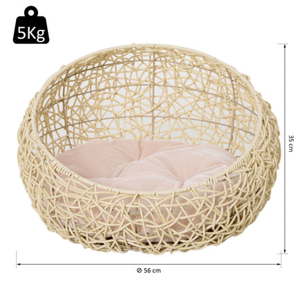 Rattan Cat Cave Bed - Cozy beige with pillow, 56x35Cm