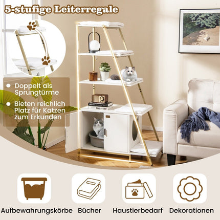 Cat Cabinet with Ladder Shelf for Litter Box, White
