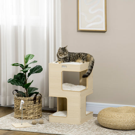 3-level indoor oak cat house with pillow and toy