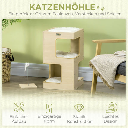 3-level indoor oak cat house with pillow and toy