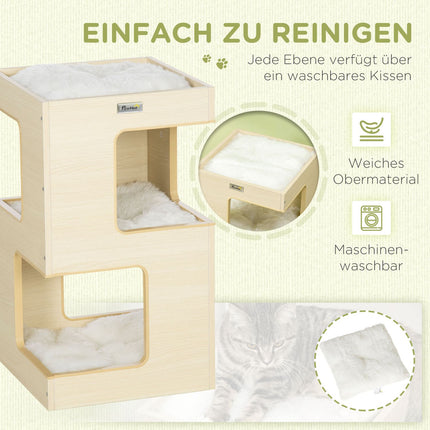 3-level indoor oak cat house with pillow and toy