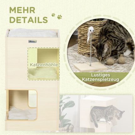 3-level indoor oak cat house with pillow and toy