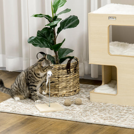 3-level indoor oak cat house with pillow and toy