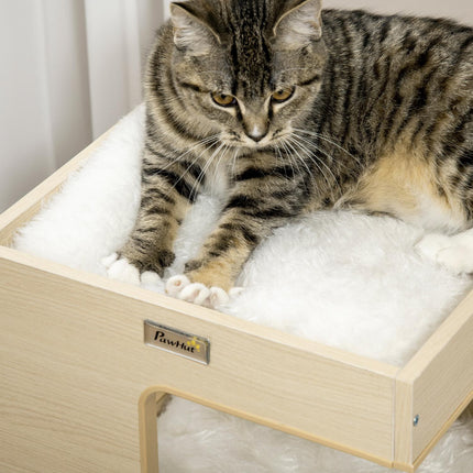 3-level indoor oak cat house with pillow and toy