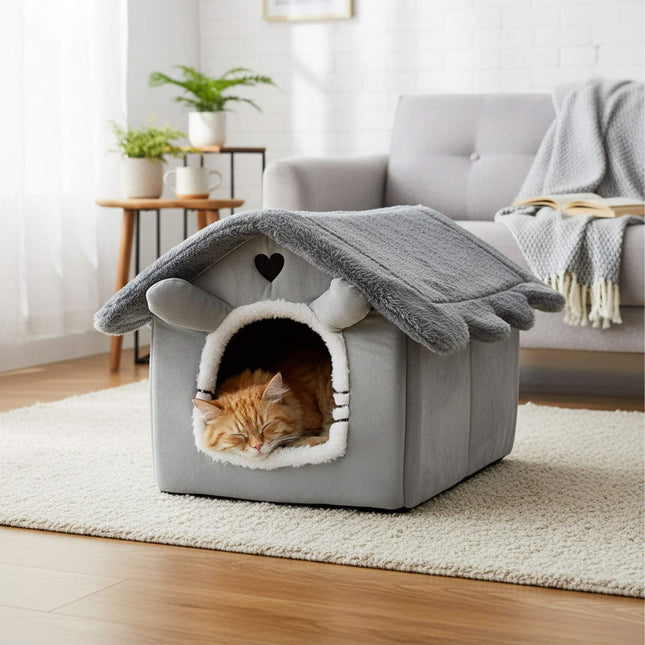 Cat Cave House with Plush Roof and Non-Slip Base