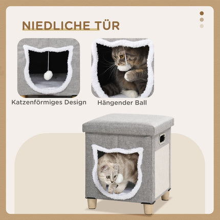 Cat Cave Ottoman with cushion and scratching ball, Anti-Slip Grey