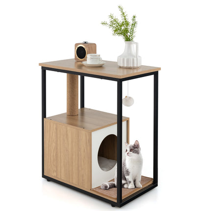 Cat Cave Side Table With Scratching Post, Removable Mat