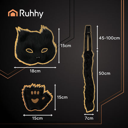 Cat/Fox Costume Set, Black – Mask, Tail, Paws