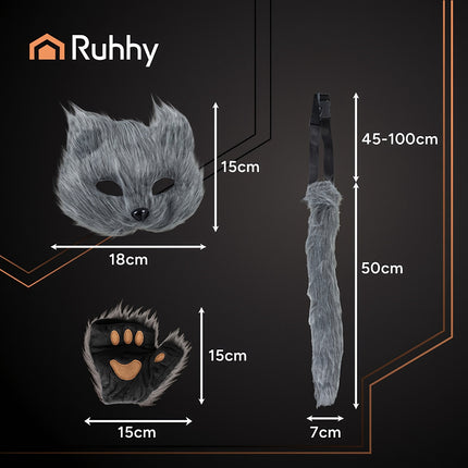 Cat/Fox Costume Set – Mask, Tail, Paws, Gray