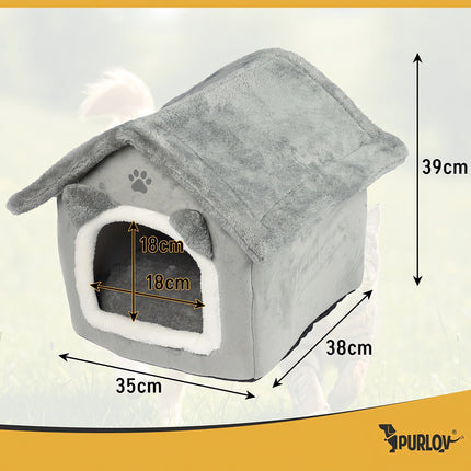 Cat House Bed with Removable Roof and Cushion, Gray