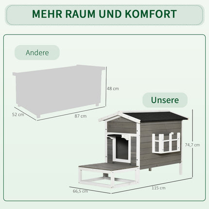 Cat house with terrace & balcony - wood, grey/white