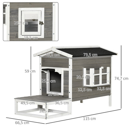 Cat house with terrace & balcony - wood, grey/white