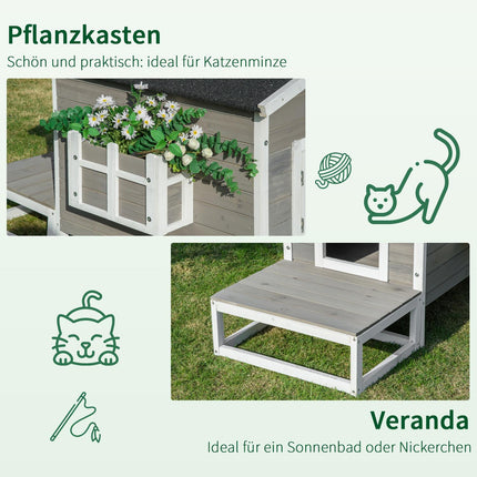 Cat house with terrace & balcony - wood, grey/white
