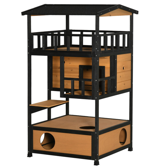 Outdoor Winterproof Spruce Wood Cat House - 4 Levels & Stairs