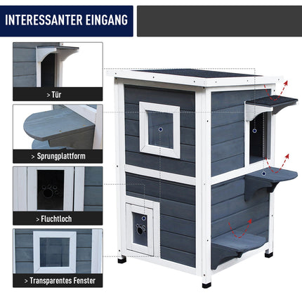 Gray wooden cat house with stairs and windows, 2 floors