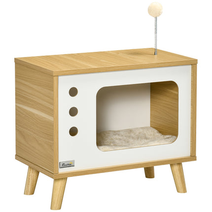 Cat house with play ball & pillow, oak/beige/white 50x28x43 cm