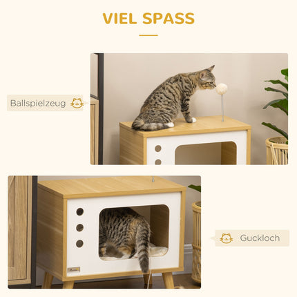 Cat house with play ball & pillow, oak/beige/white 50x28x43 cm
