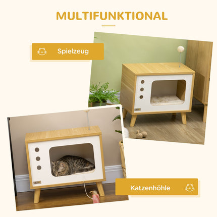 Cat house with play ball & pillow, oak/beige/white 50x28x43 cm