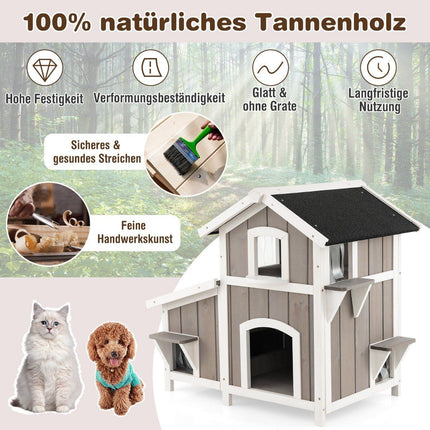Cat House Outdoor 2-story Cat Hut Cat Villa with Asphalt Roof Gray 100 x 64 x 82.5 cm