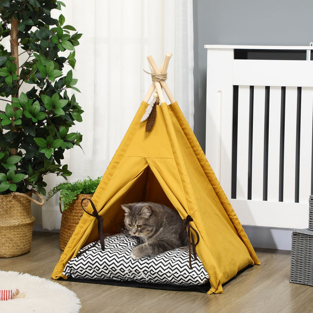 Cat House Tipi-Tent Hondenbed Met Kussen Antislip Met Speelbal Van Grenenhout Binnen In Geel