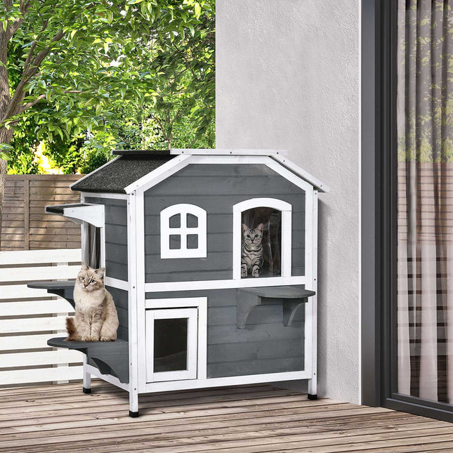 Outdoor weatherproof cat house, asphalt roof, 2 levels