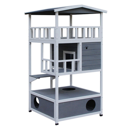 Solid wood cat house with balcony and stairs, gray