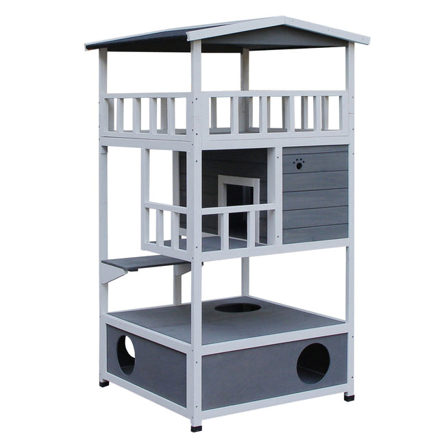 Solid wood cat house with balcony and stairs, gray