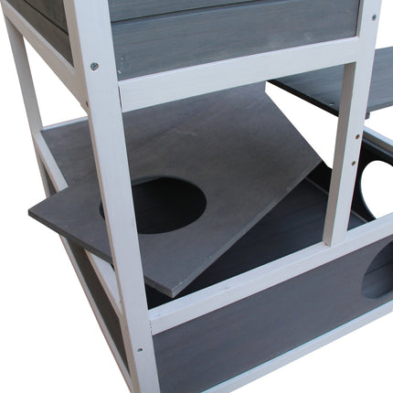 Solid wood cat house with balcony and stairs, gray