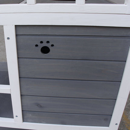 Solid wood cat house with balcony and stairs, gray