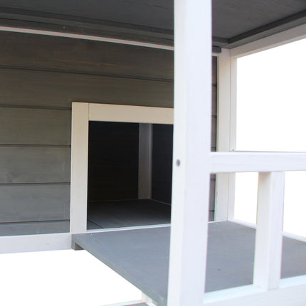 Solid wood cat house with balcony and stairs, gray