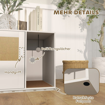 Cat Litter Box Enclosure, Rattan Door, Scratch Pad, White
