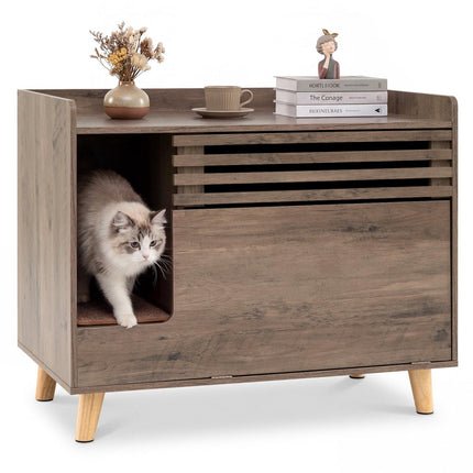 Cat Litter Box Enclosure with Flip Door, Brown Wood