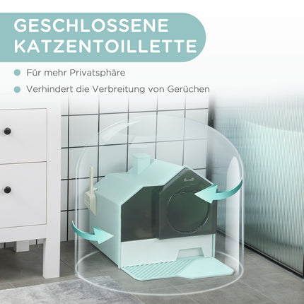 Cat litter with hood, filter & scoop, light blue 47x45x42cm