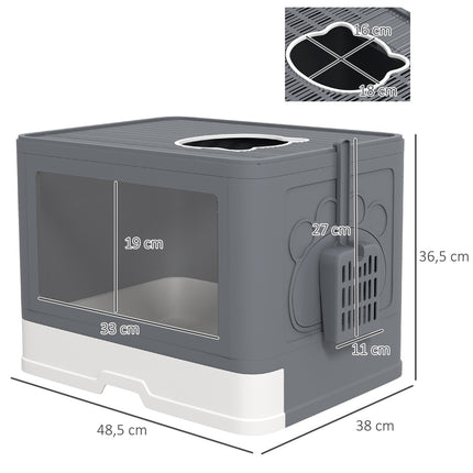 Gray indoor cat litter box with lid and scoop, up to 4 kg