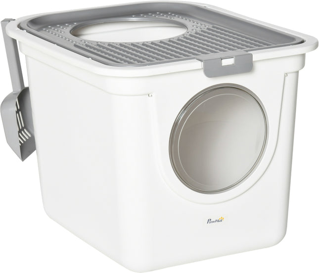 Plastic cat litter box with lid and scoop, indoor - Grey/White