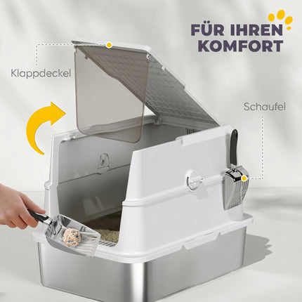Cat Litter Box, XL Enclosed Stainless Steel, Scoop, Gray