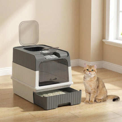 Cat Litter Box with Lid, Drawer & Top Exit, 48L