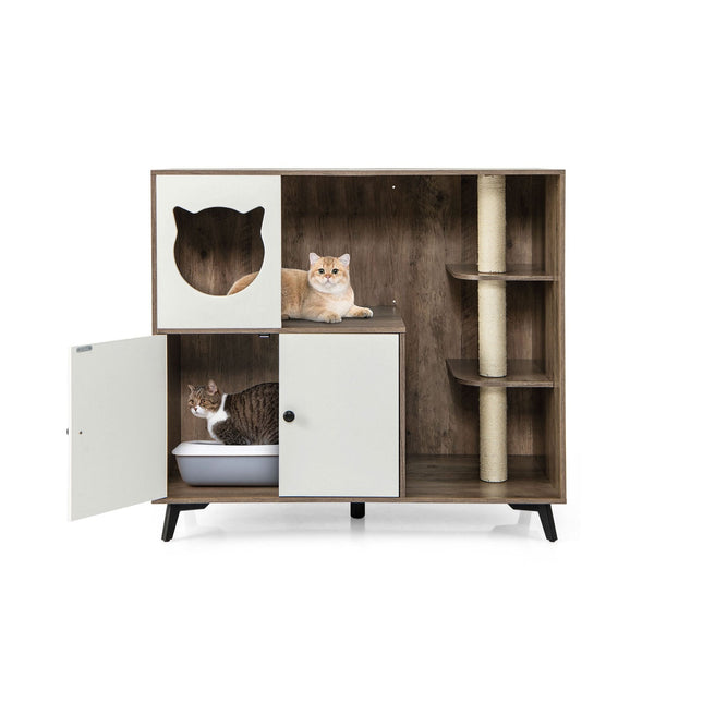 Cat Litter Cabinet with 3 Sisal Scratching Posts, Gray/White