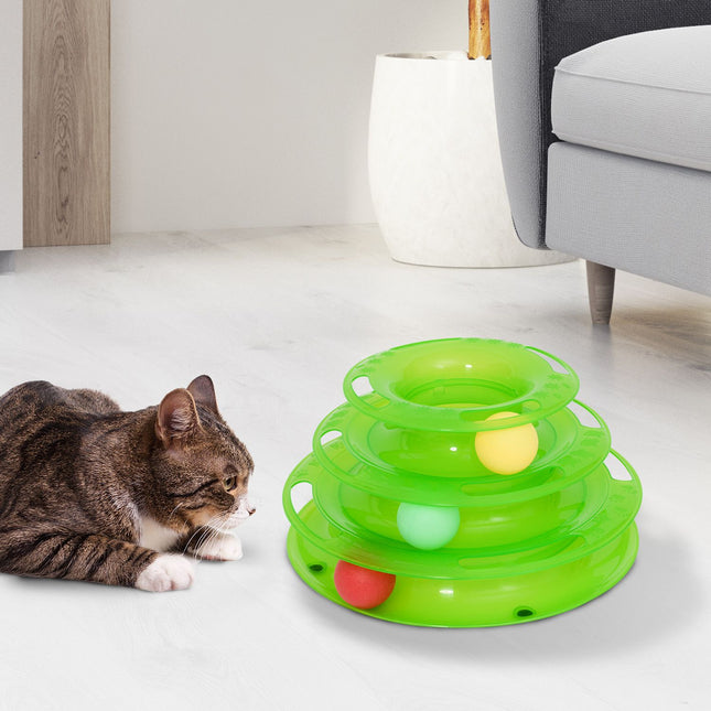3-story cat litter box with spinning balls, green