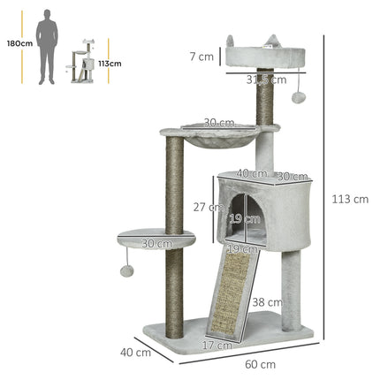 Cat scratching tree with cave & sisal, 113 cm, light grey