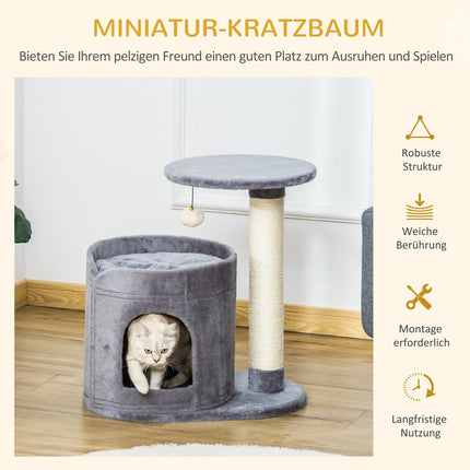 Cat scratching post with cave and toy ball, sisal rope, gray