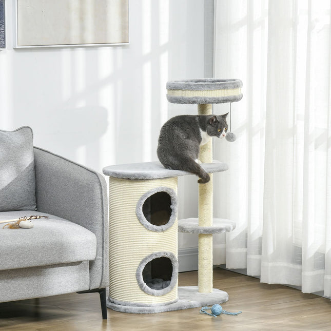Cat Scratching Tower: 2 Caves, Rope Posts, Plush, Gray