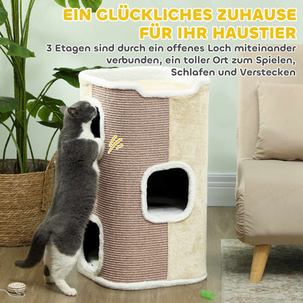 Cat Scratching Tree, 3 Levels, Soft Plush, Beige
