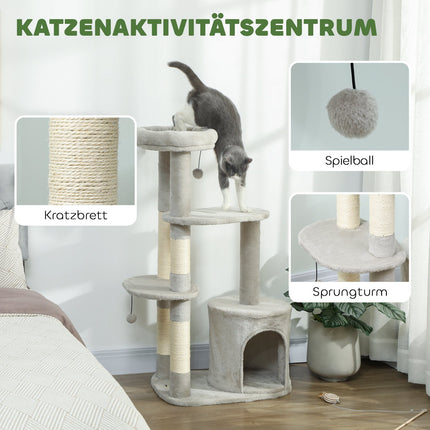 Cat Tower 114 cm, Sisal Posts, Multi-Level, Light Grey