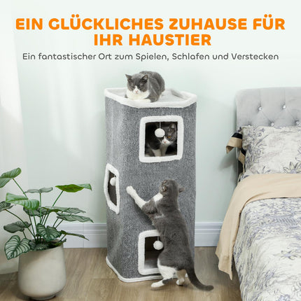 Cat Tower with 3 Caves, Gray, Chipboard, Play Balls