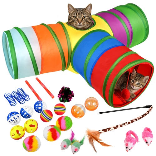 Cat Toy Set with Tunnel, Rod, Balls & Mice – 24 pcs