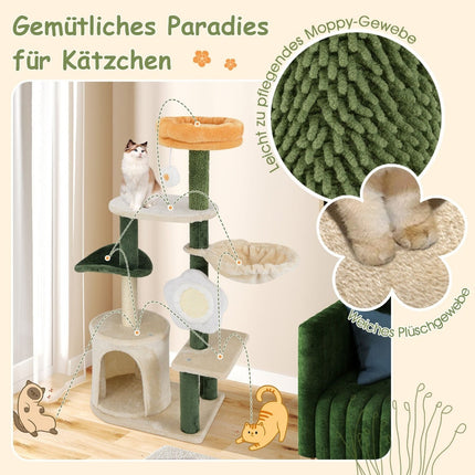 Cat Tree 114cm with Cave and Flower Seat – Green/Beige