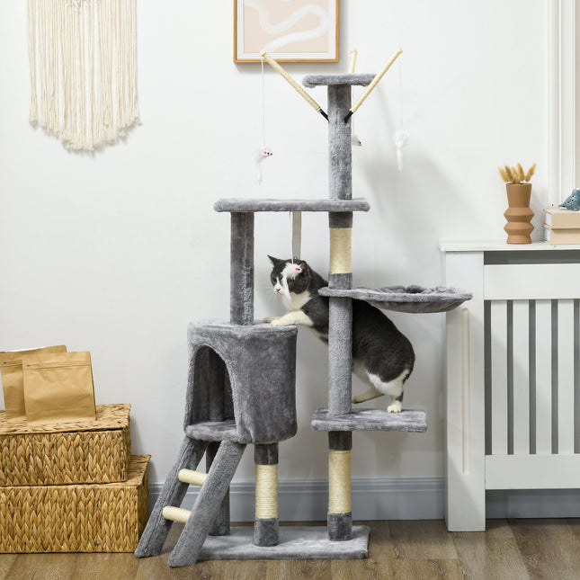 Tall cat tree with scratching post and toys, grey/white